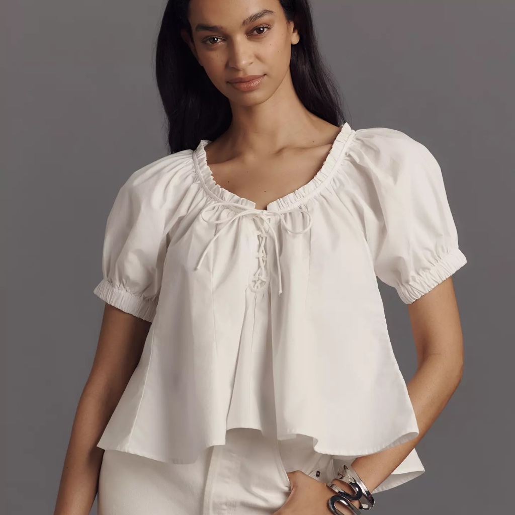 Anthropologie Maeve Short-Sleeve Swing Blouse White Cotton Top Size Xs Nwt